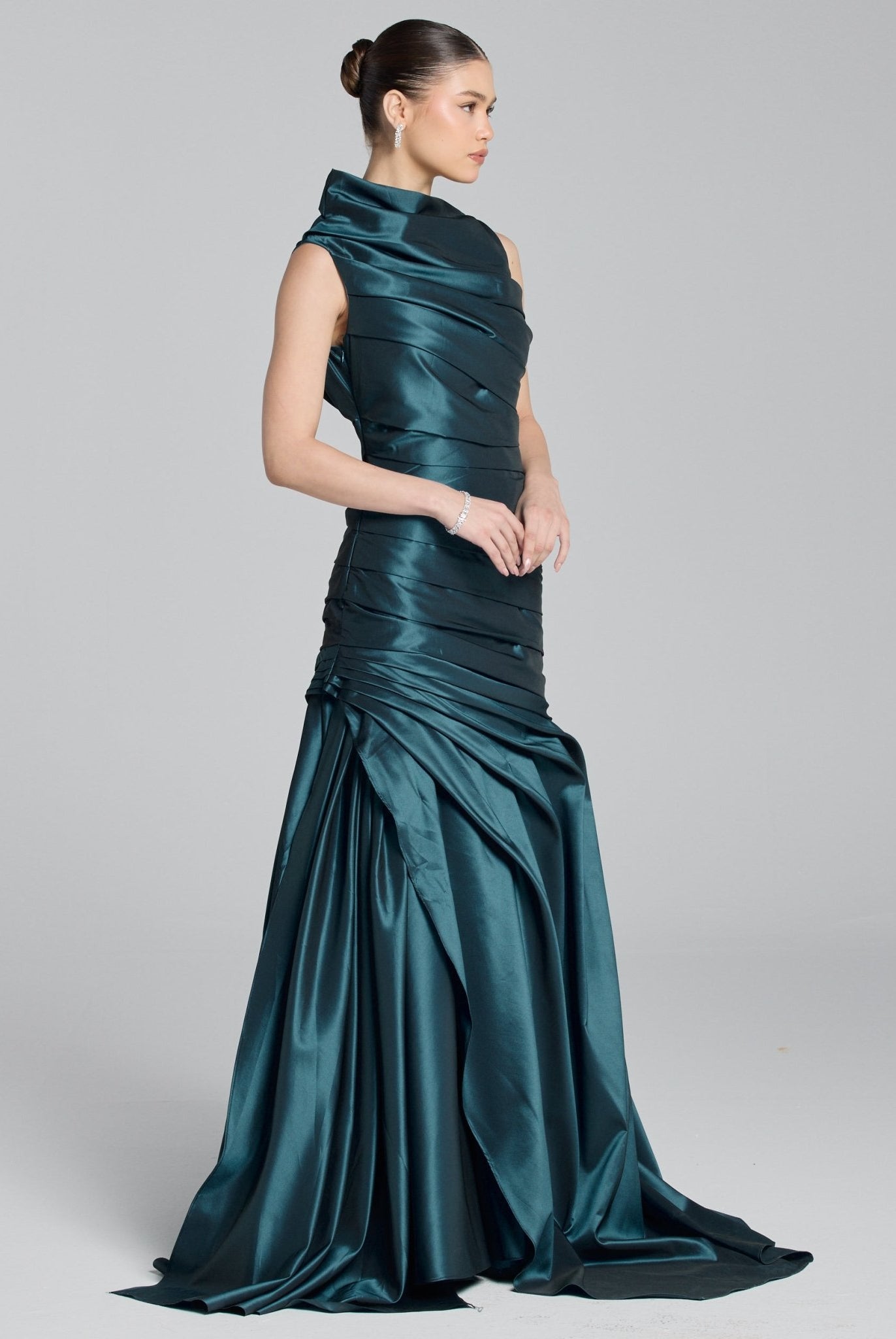 Blue Draped Taffeta Fishtail Gown - shopaleena