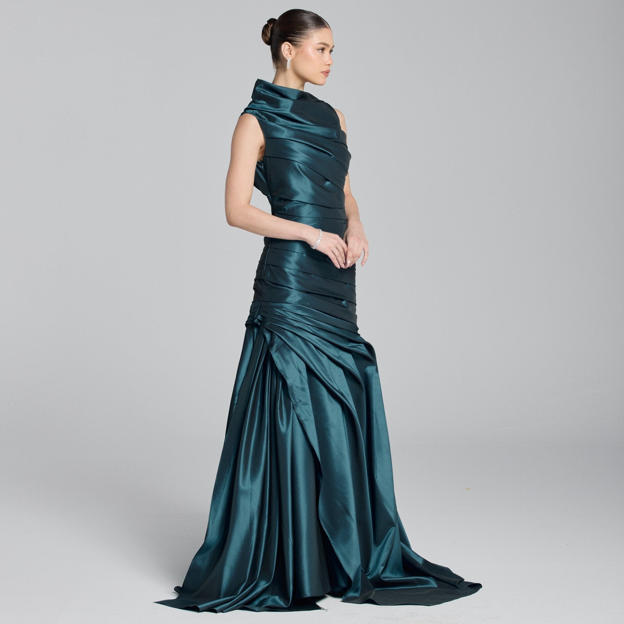 Blue Draped Taffeta Fishtail Gown - shopaleena