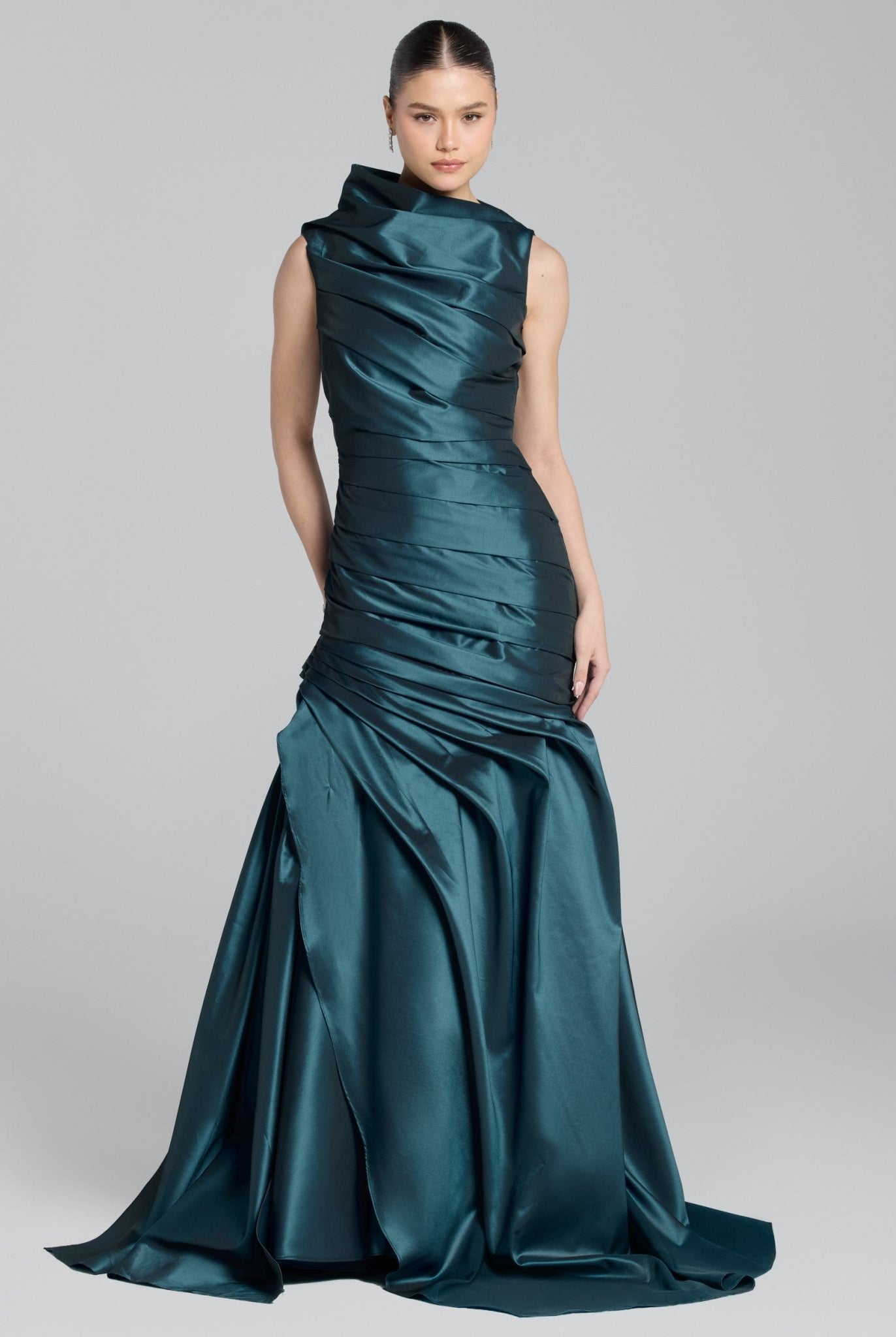Blue Draped Taffeta Fishtail Gown - shopaleena