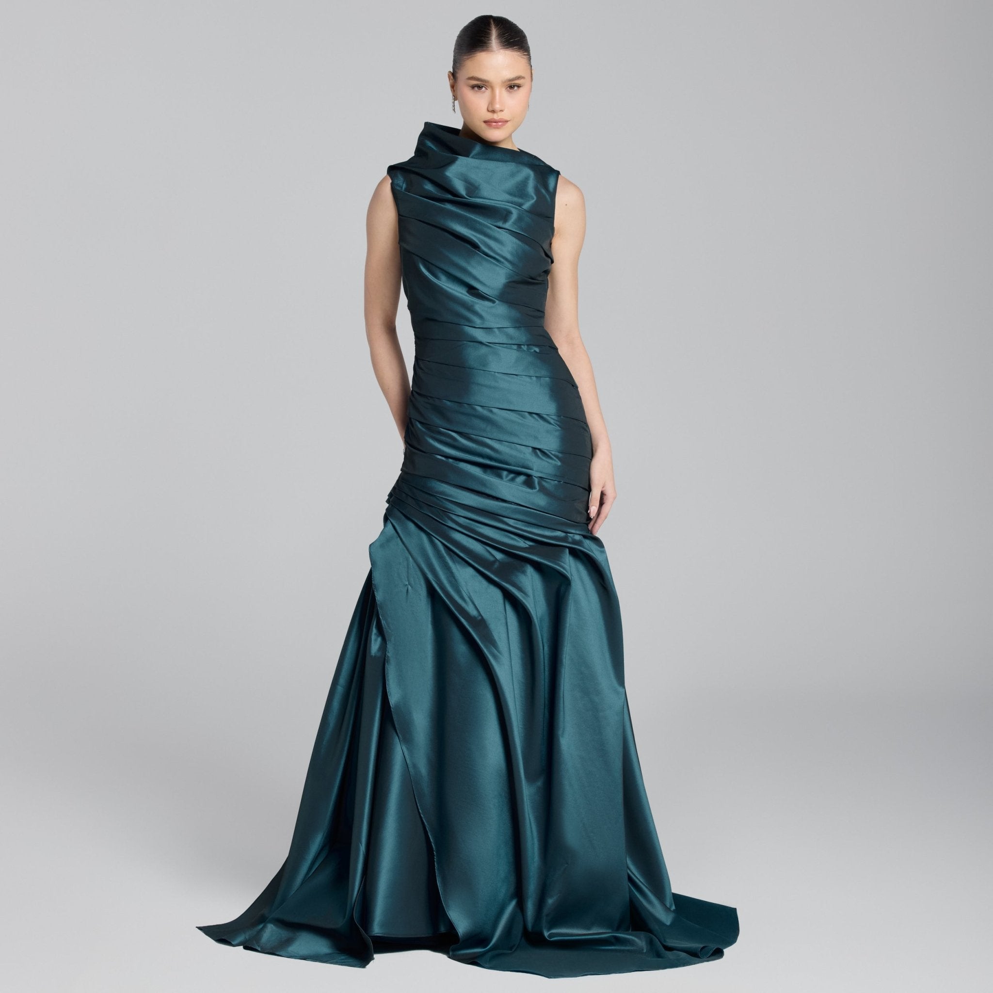Blue Draped Taffeta Fishtail Gown - shopaleena