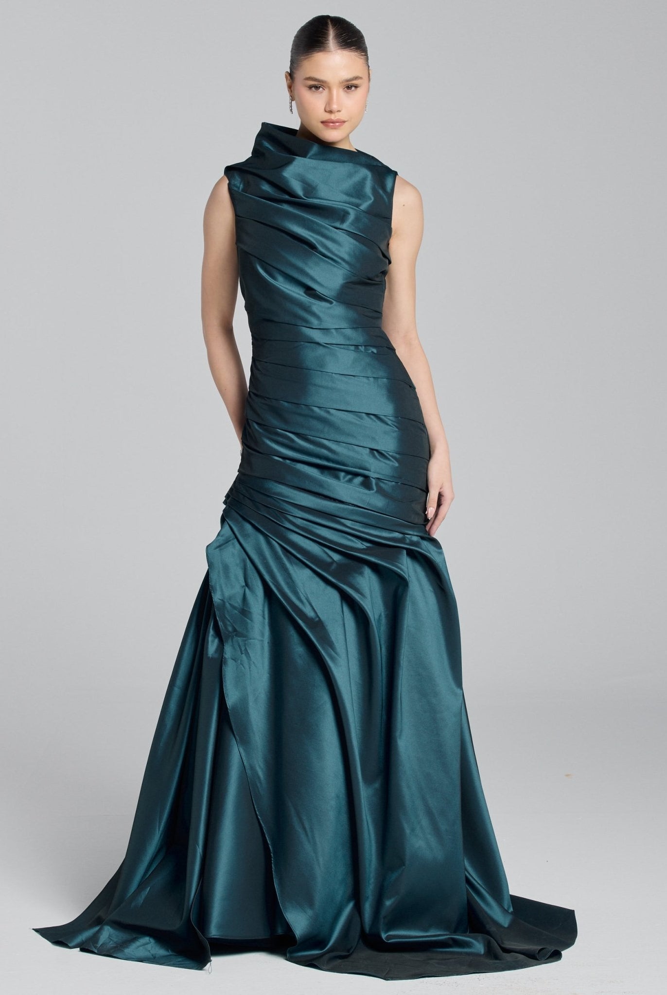 Blue Draped Taffeta Fishtail Gown - shopaleena