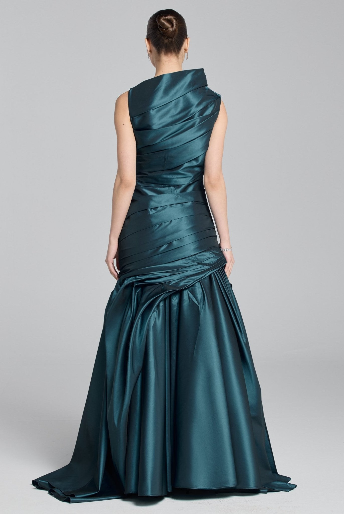 Blue Draped Taffeta Fishtail Gown - shopaleena