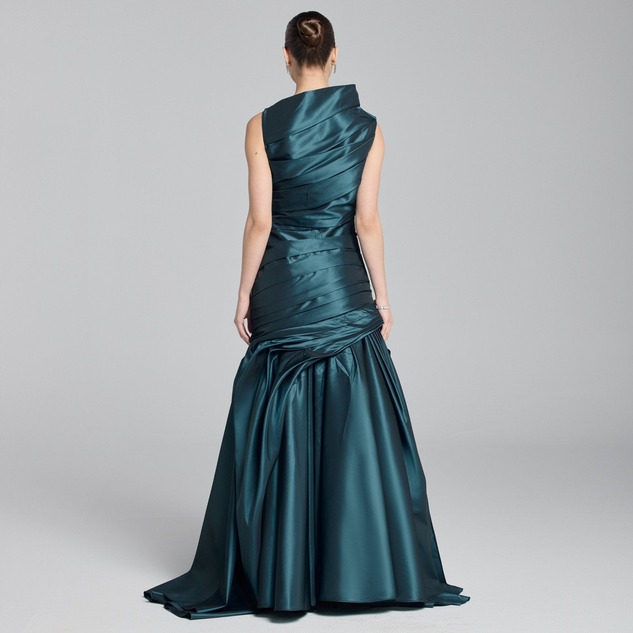 Blue Draped Taffeta Fishtail Gown - shopaleena