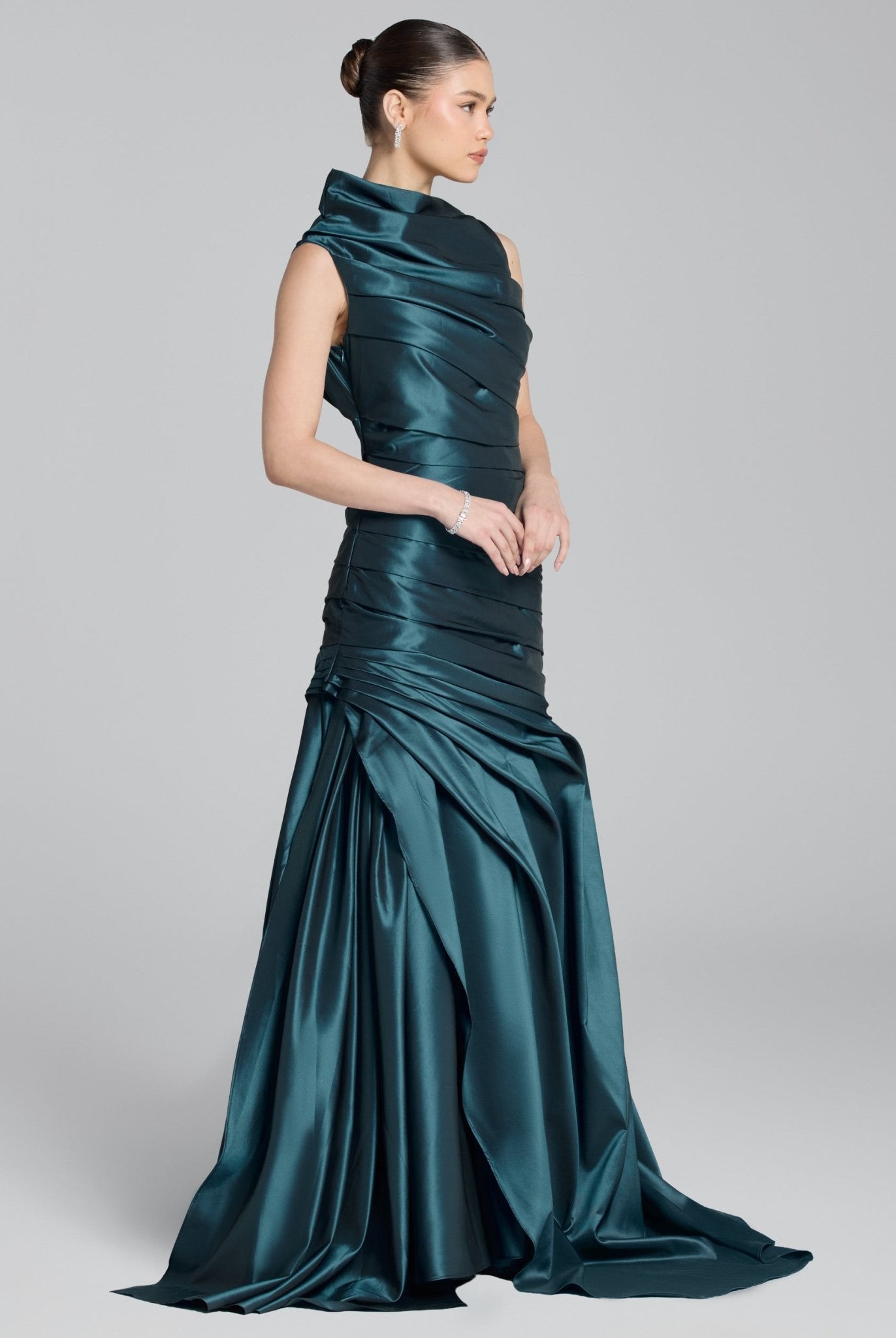Blue Draped Taffeta Fishtail Gown - shopaleena