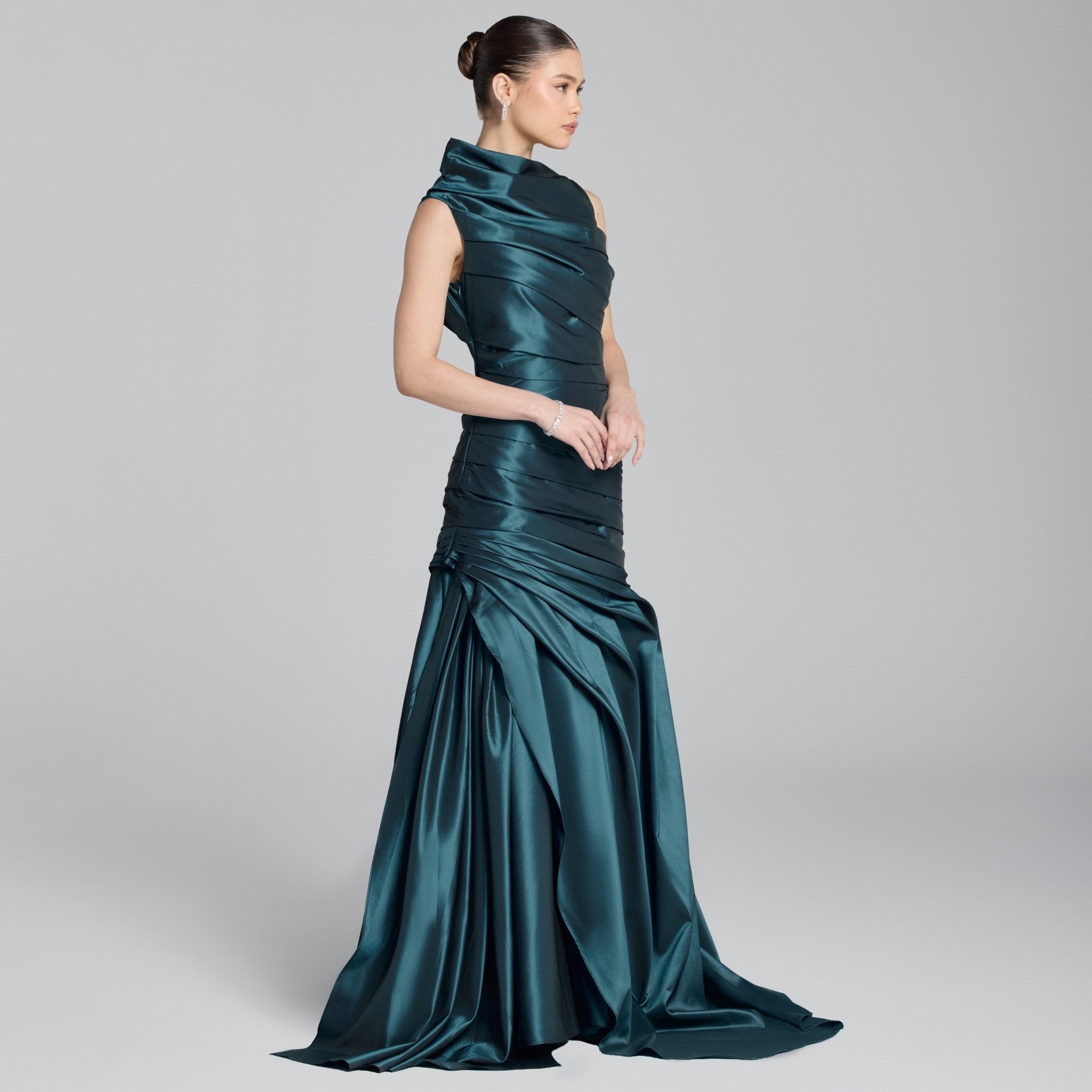 Blue Draped Taffeta Fishtail Gown - shopaleena