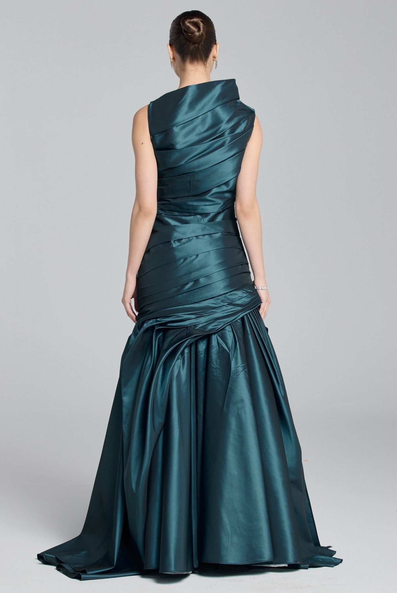 Blue Draped Taffeta Fishtail Gown - shopaleena