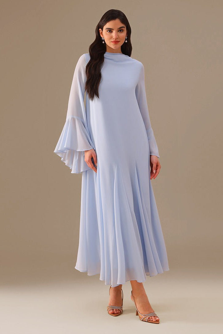 Blue Flared Long Sleeve Chiffon Maxi Dress - shopaleena