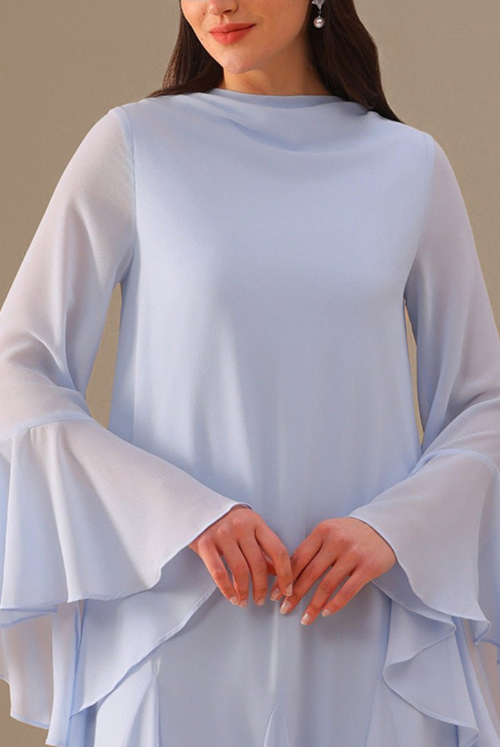 Blue Flared Long Sleeve Chiffon Maxi Dress - shopaleena