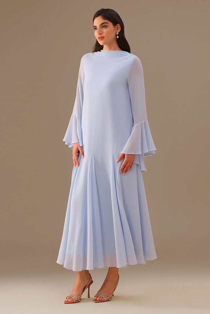 Blue Flared Long Sleeve Chiffon Maxi Dress - shopaleena