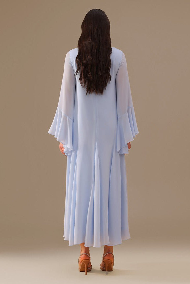 Blue Flared Long Sleeve Chiffon Maxi Dress - shopaleena