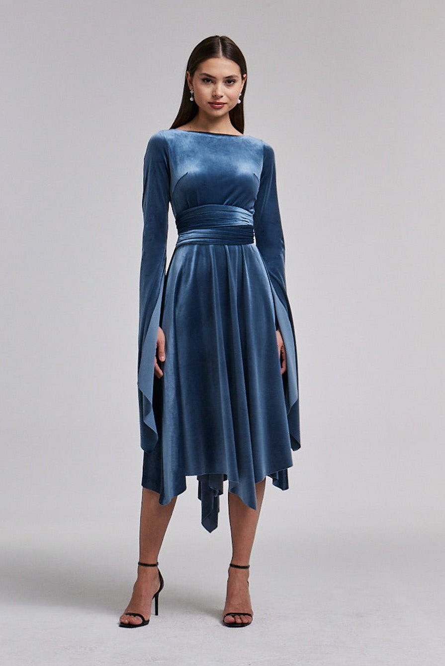 Blue - Grey Cape Sleeve Twist - Waist Velvet Dress - shopaleena