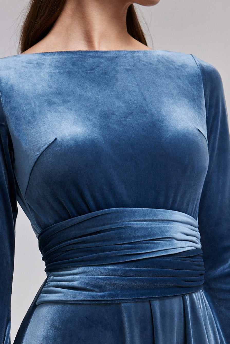 Blue - Grey Cape Sleeve Twist - Waist Velvet Dress - shopaleena