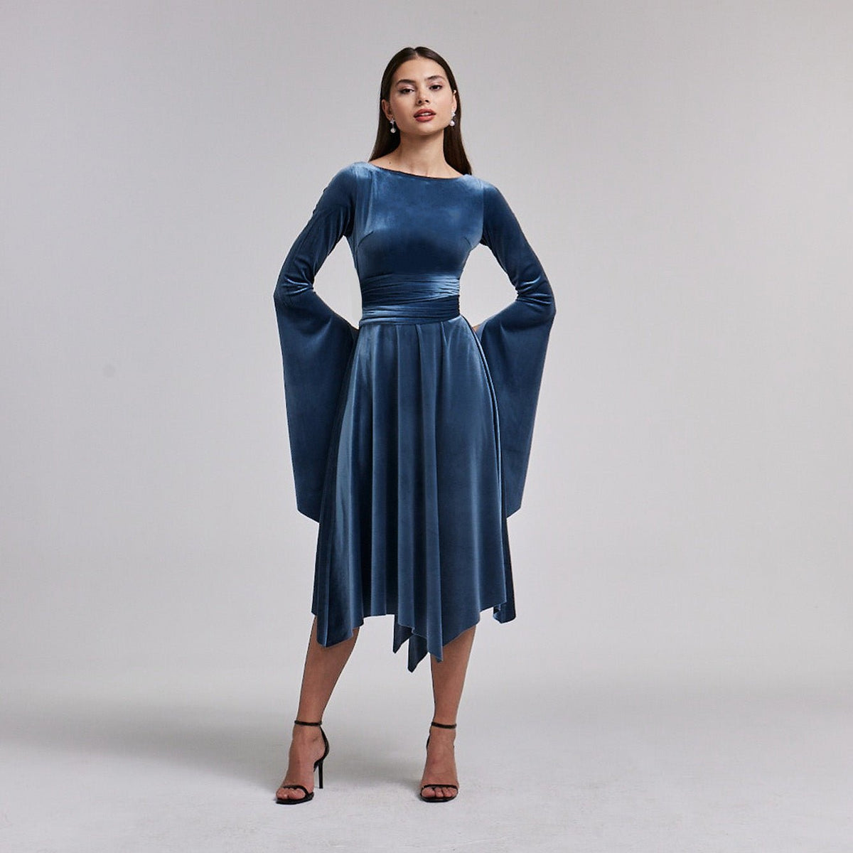 Blue-Grey Cape Sleeve Twist-Waist Velvet Dress  shopaleena
