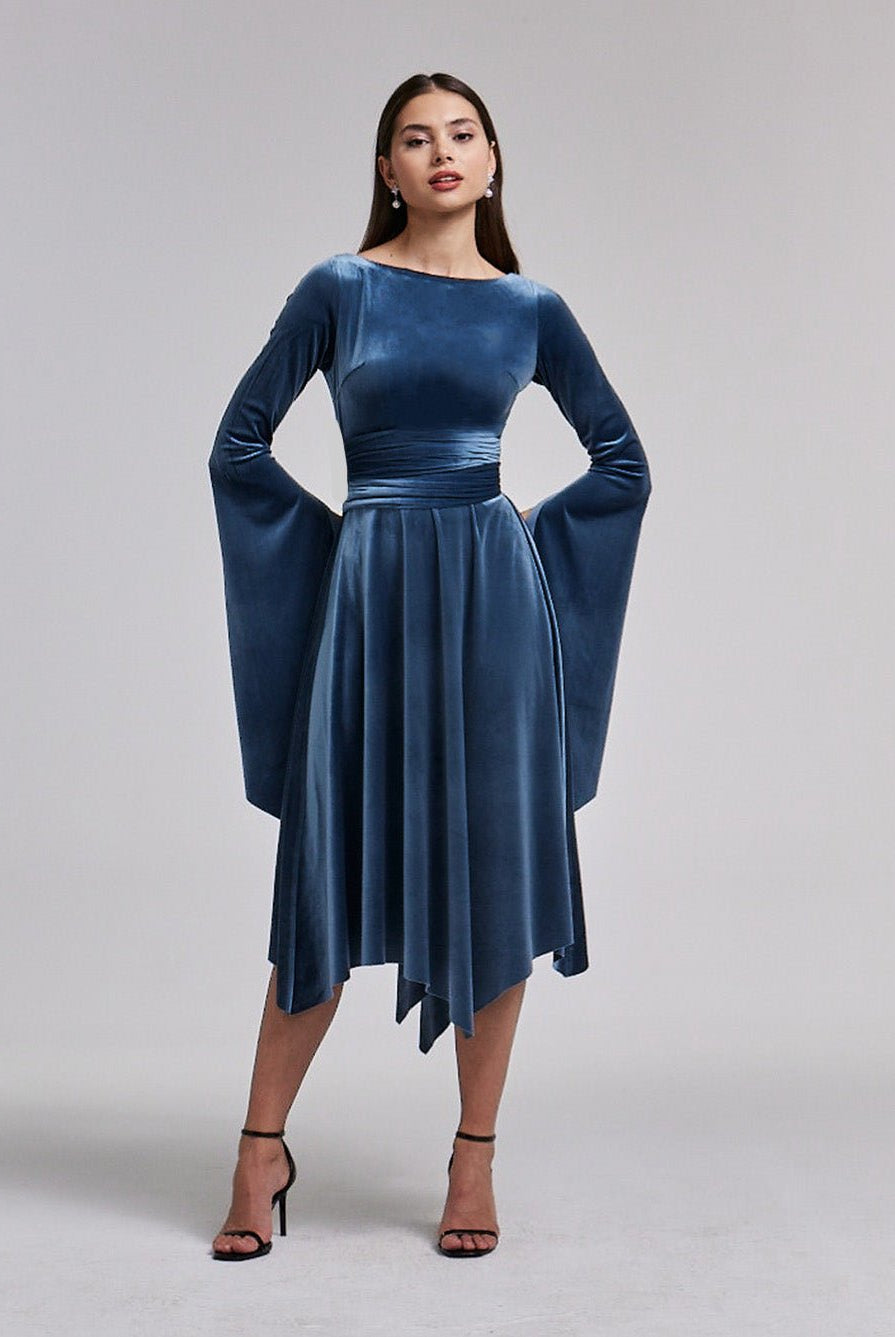 Blue - Grey Cape Sleeve Twist - Waist Velvet Dress - shopaleena