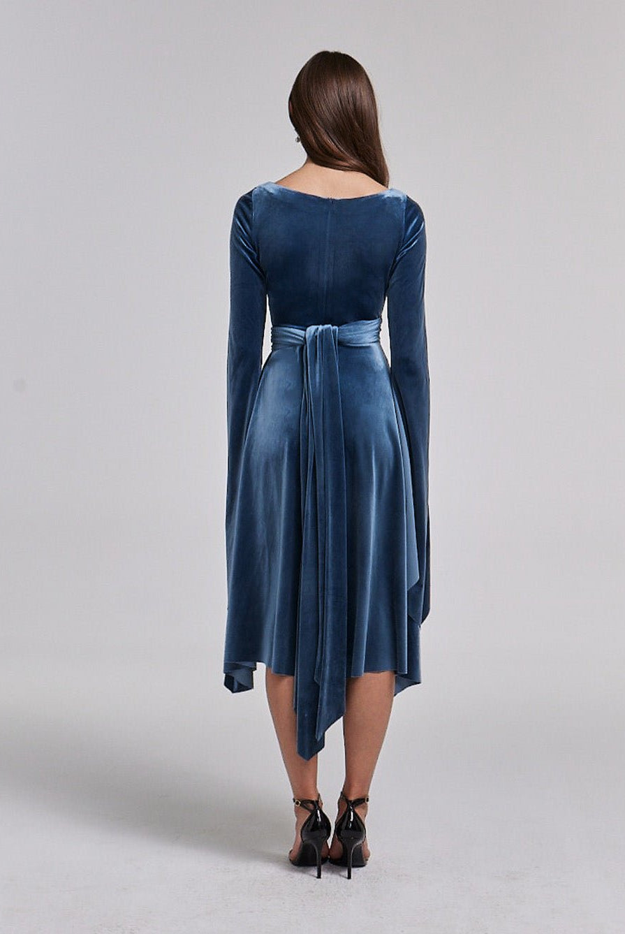 Blue - Grey Cape Sleeve Twist - Waist Velvet Dress - shopaleena