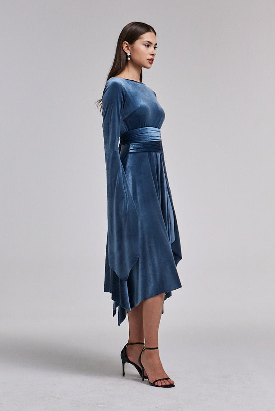 Blue - Grey Cape Sleeve Twist - Waist Velvet Dress - shopaleena