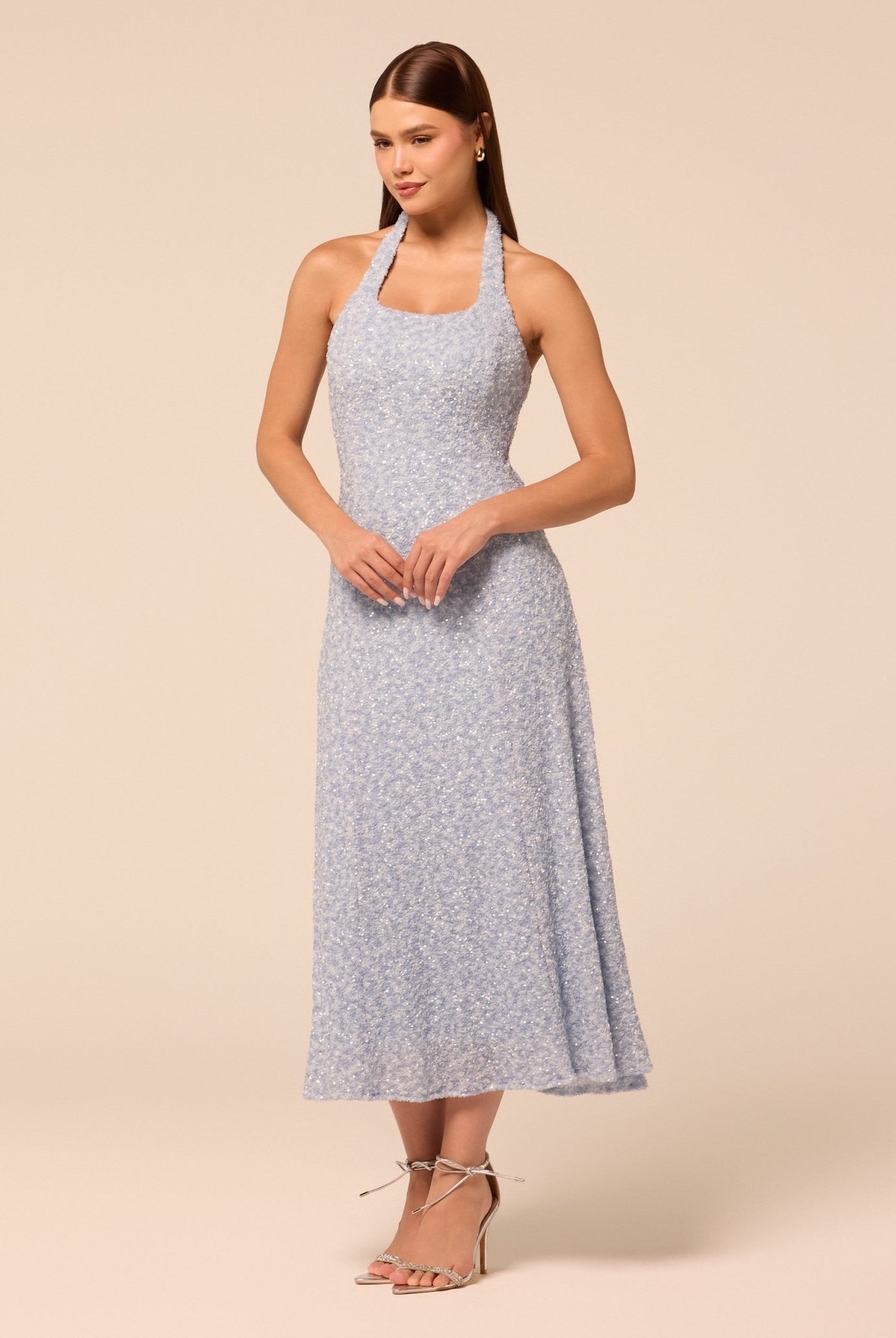Blue Halter Neck Sequin Midi Dress - shopaleena