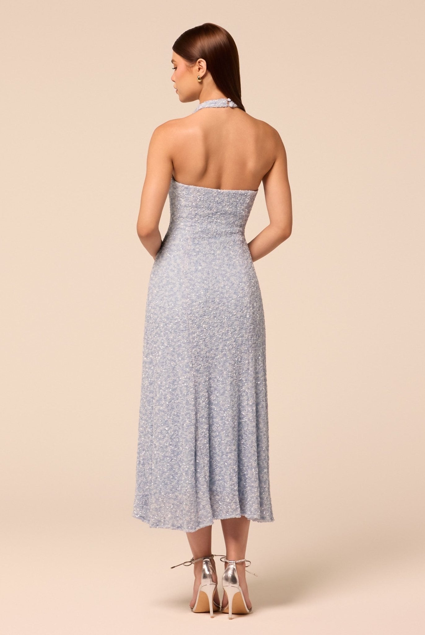 Blue Halter Neck Sequin Midi Dress - shopaleena