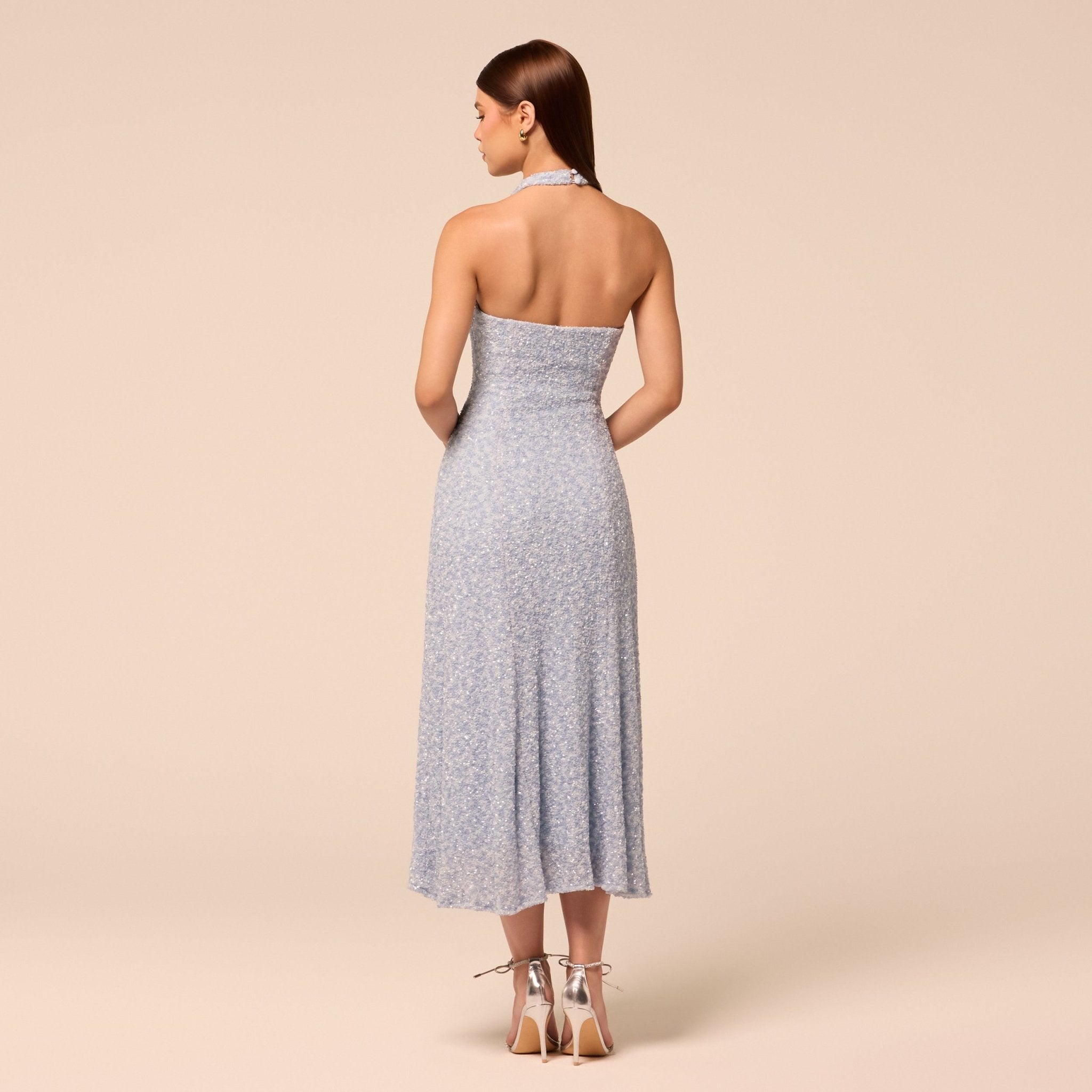 Blue Halter Neck Sequin Midi Dress - shopaleena