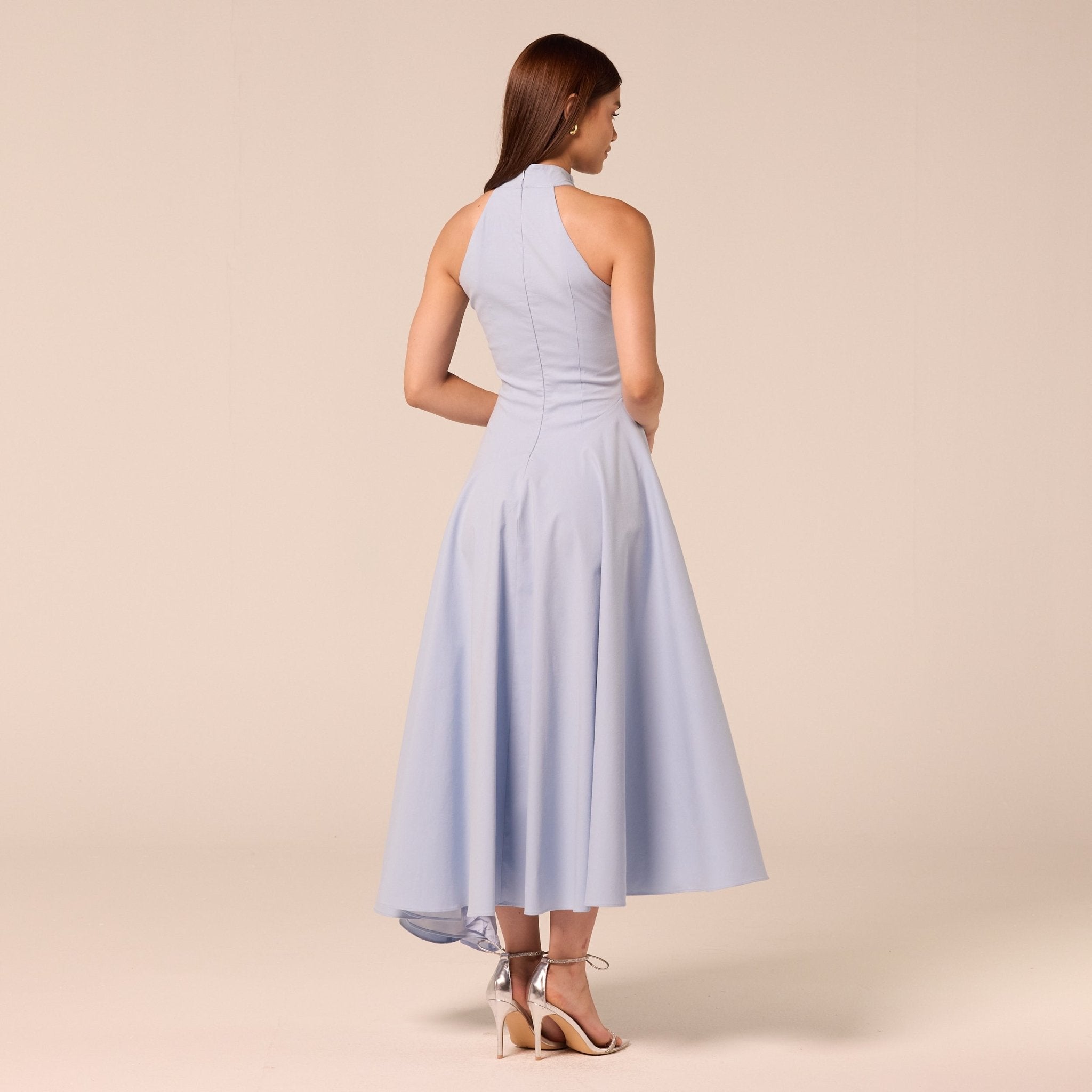 Blue High-Neck Poplin Midi Dress - shopaleena