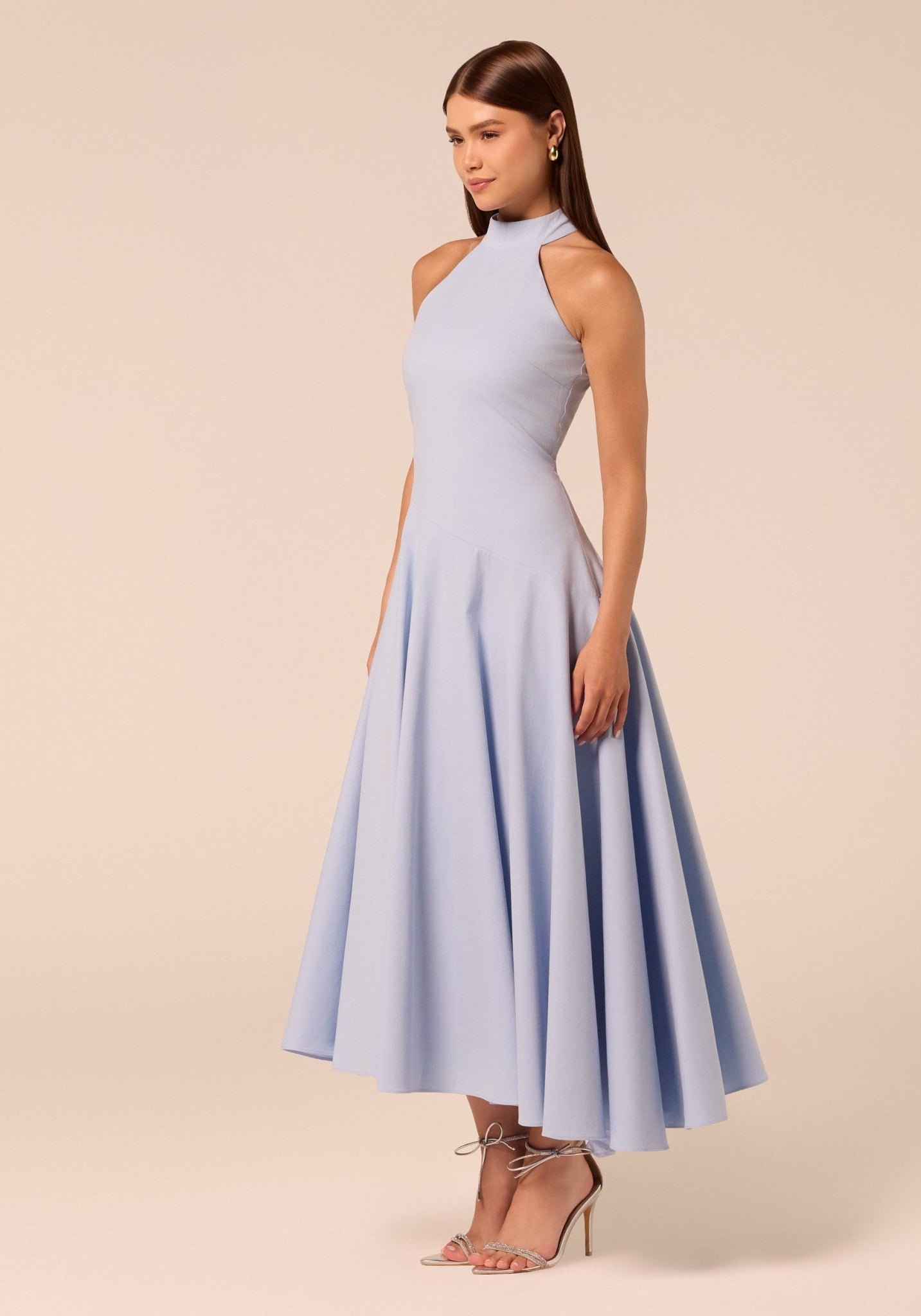Blue High-Neck Poplin Midi Dress - shopaleena