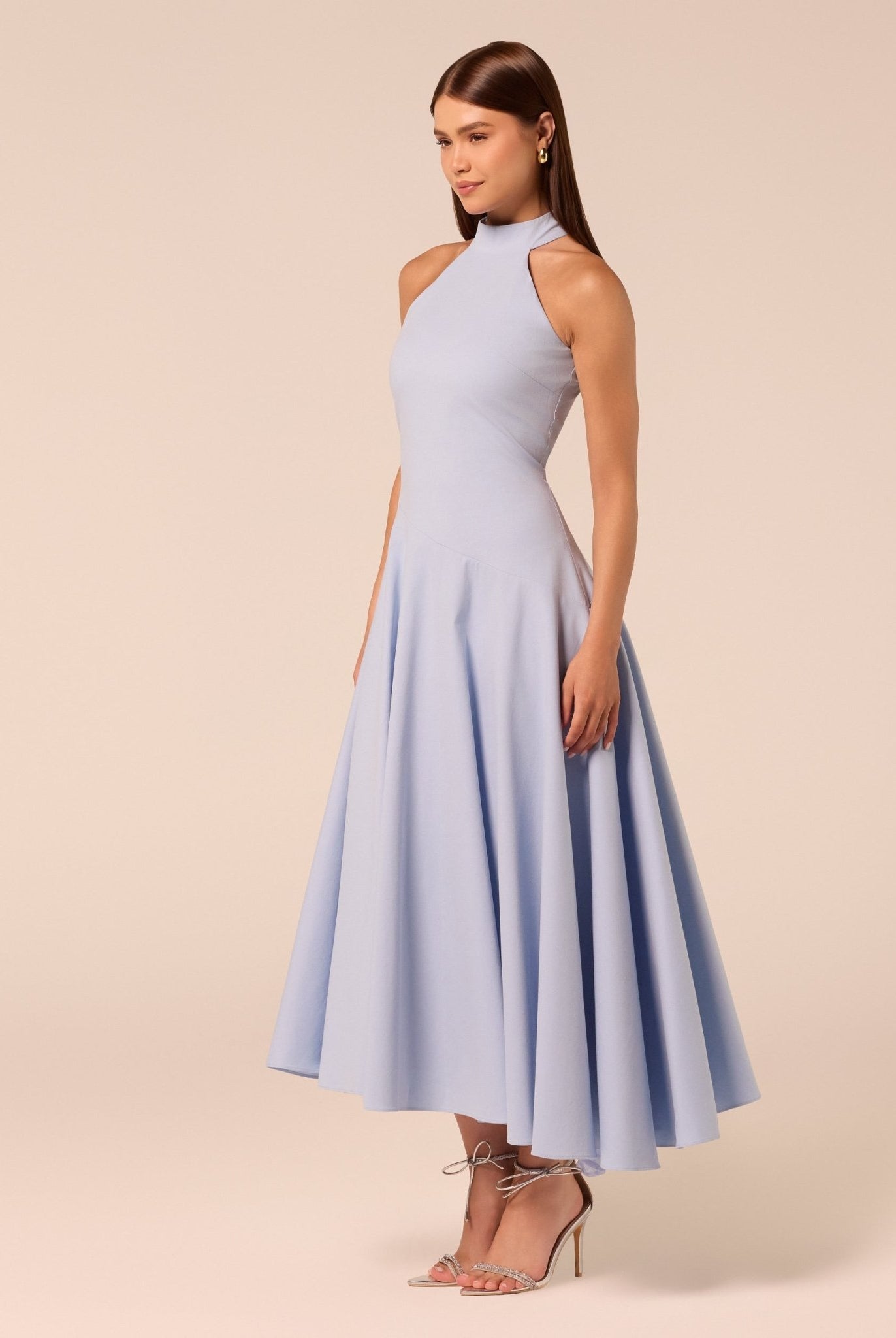 Blue High-Neck Poplin Midi Dress - shopaleena