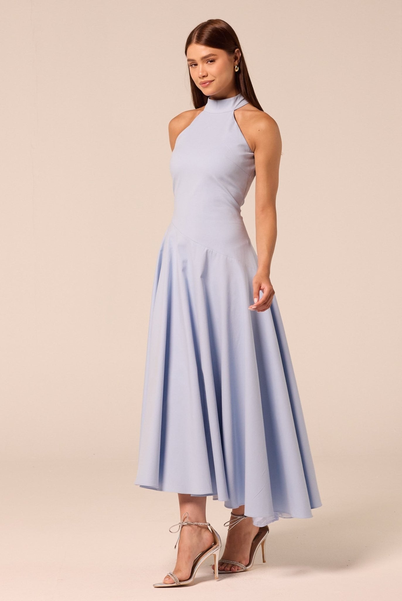 Blue High-Neck Poplin Midi Dress - shopaleena