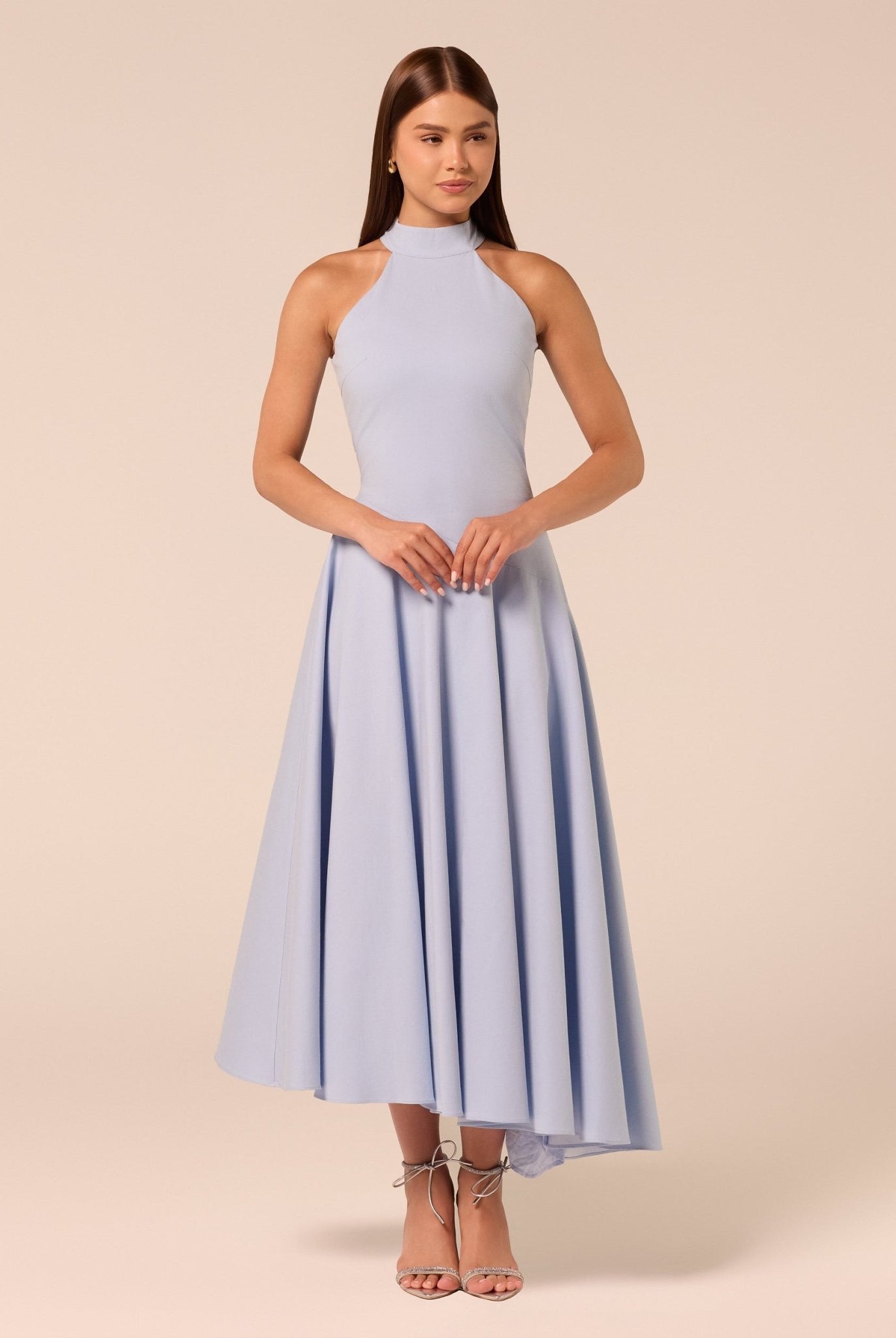 Blue High-Neck Poplin Midi Dress - shopaleena