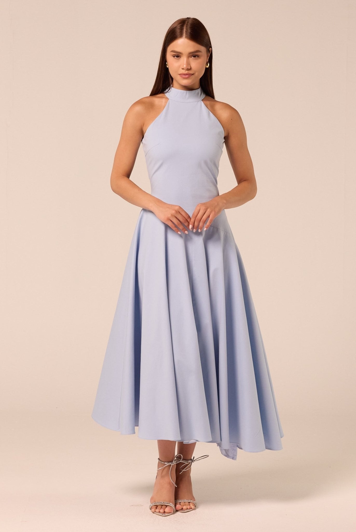 Blue High-Neck Poplin Midi Dress - shopaleena