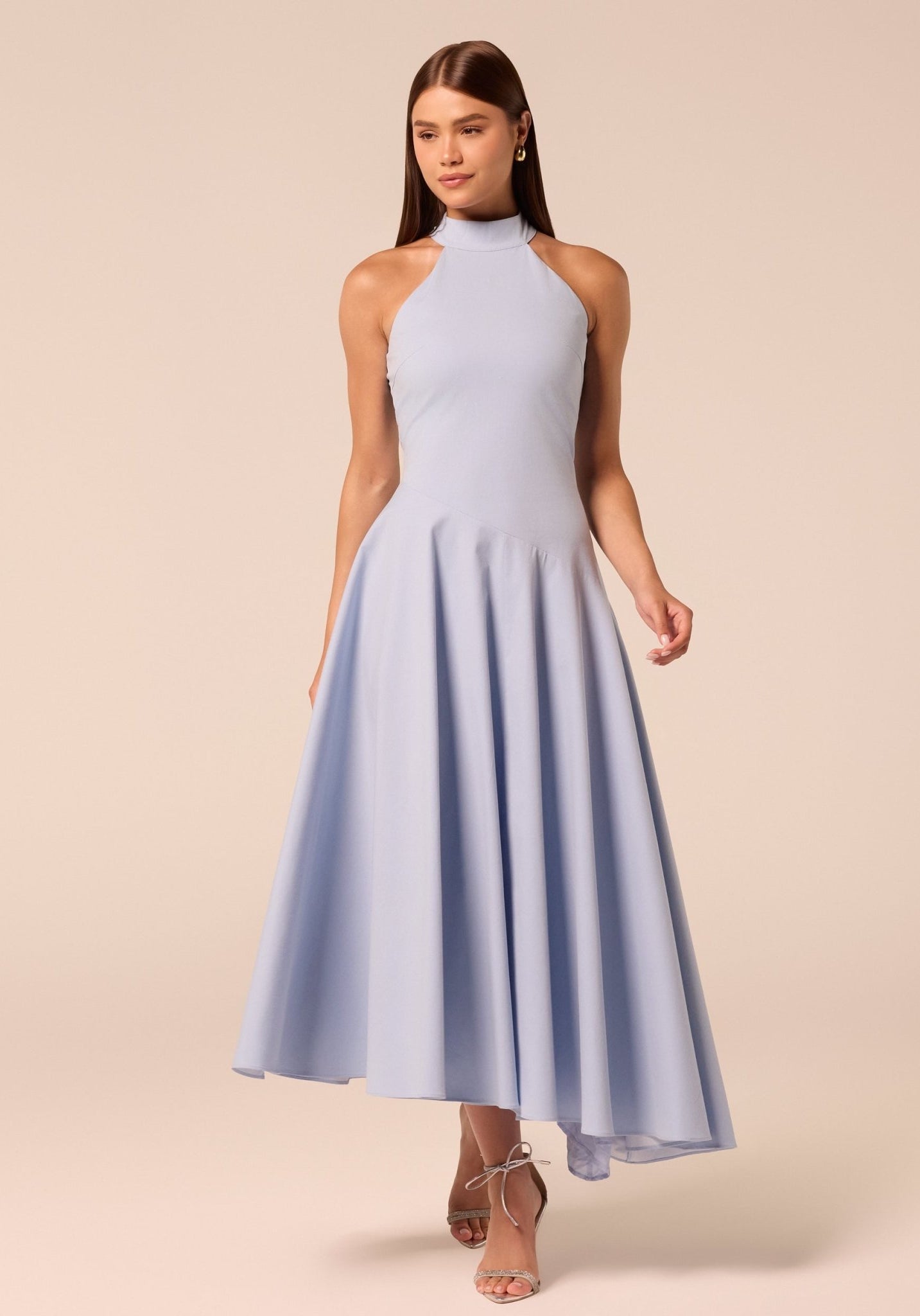Blue High-Neck Poplin Midi Dress - shopaleena