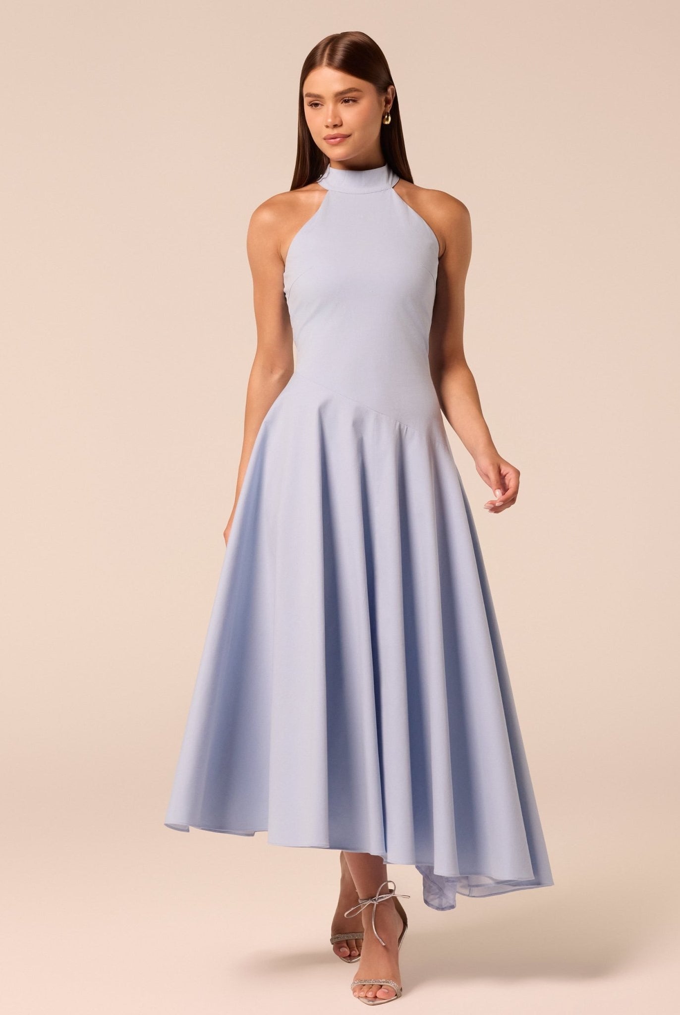 Blue High-Neck Poplin Midi Dress - shopaleena