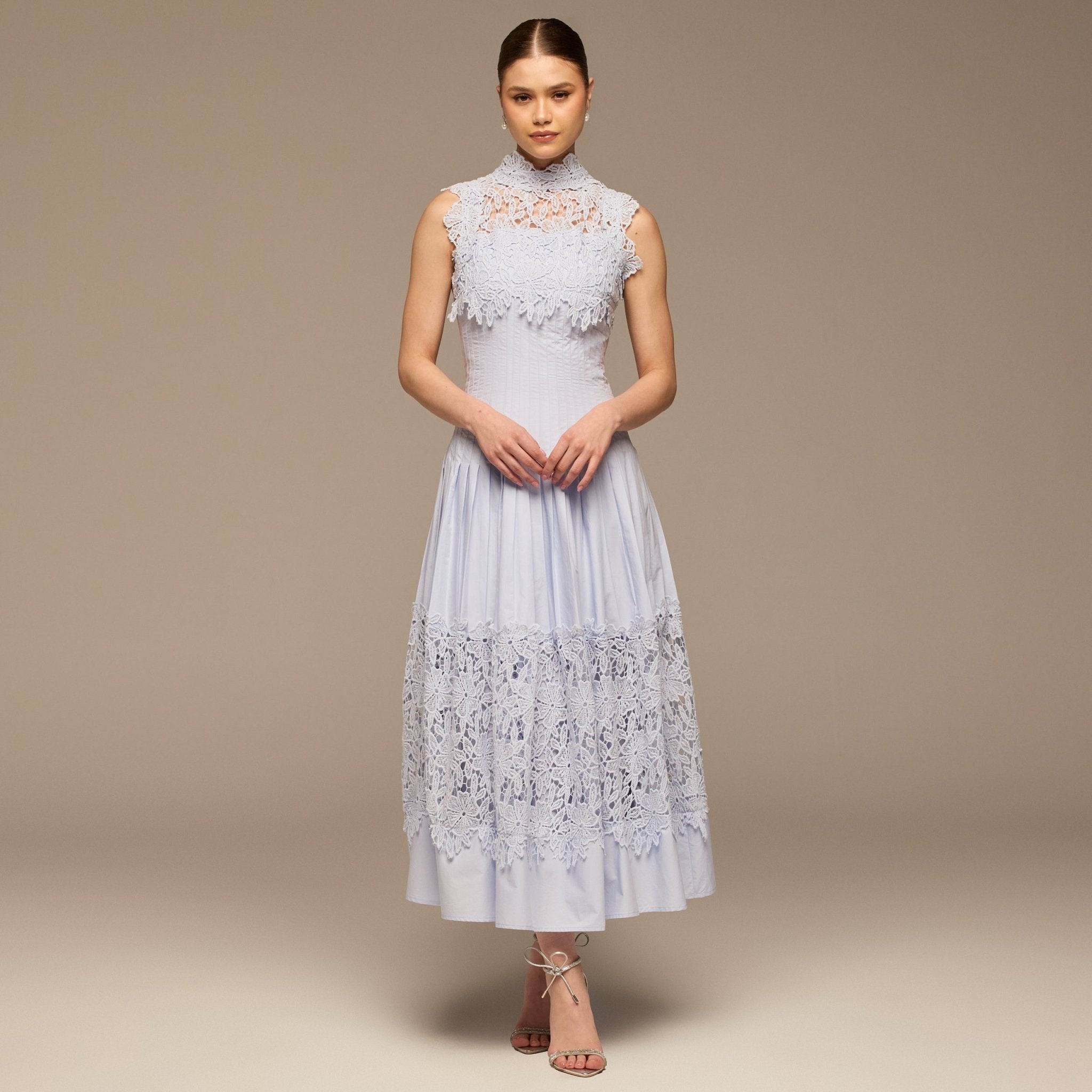 Blue Lace - Paneled Cotton Midi Dress - shopaleena