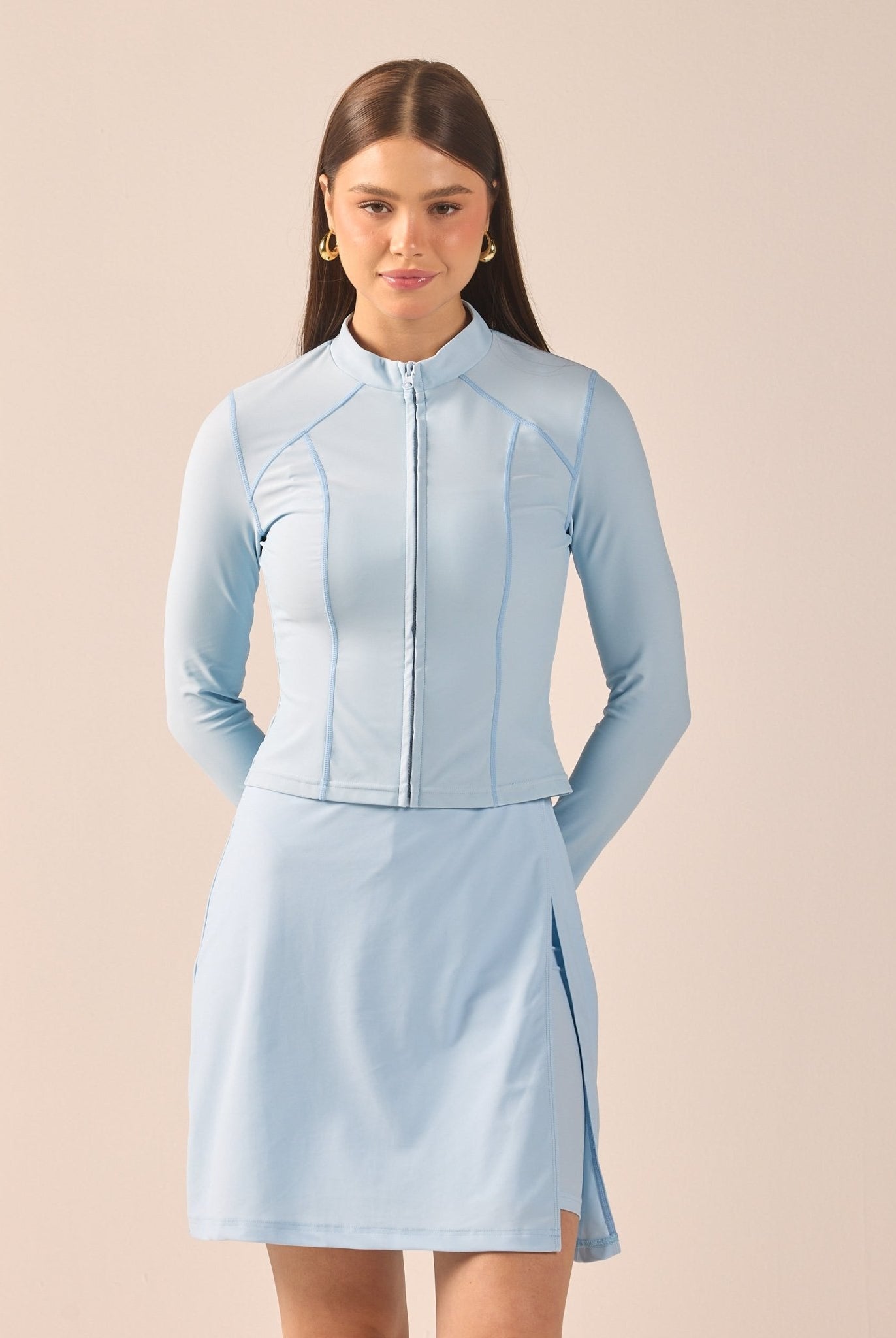 Blue Long Sleeve Front Zipper Swim Top - shopaleena