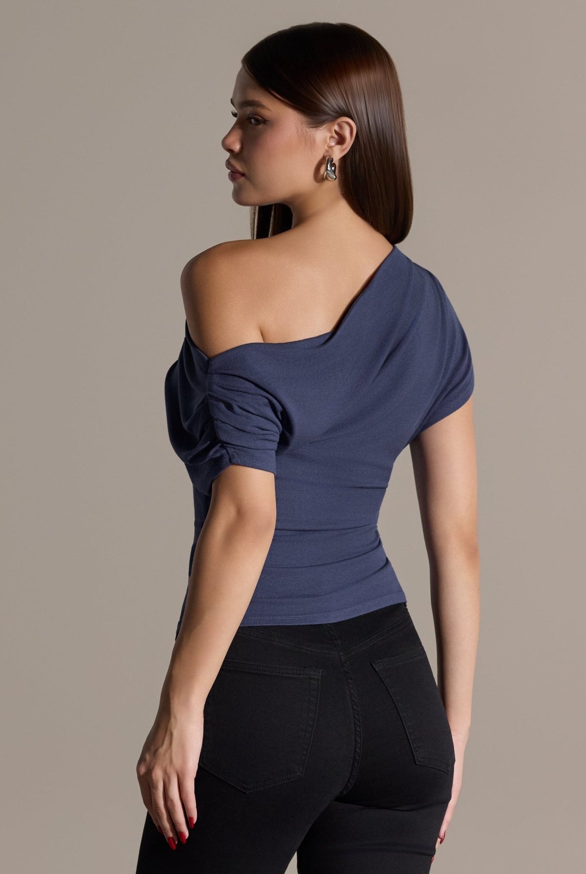 Blue Off shoulder Fitted Top - shopaleena
