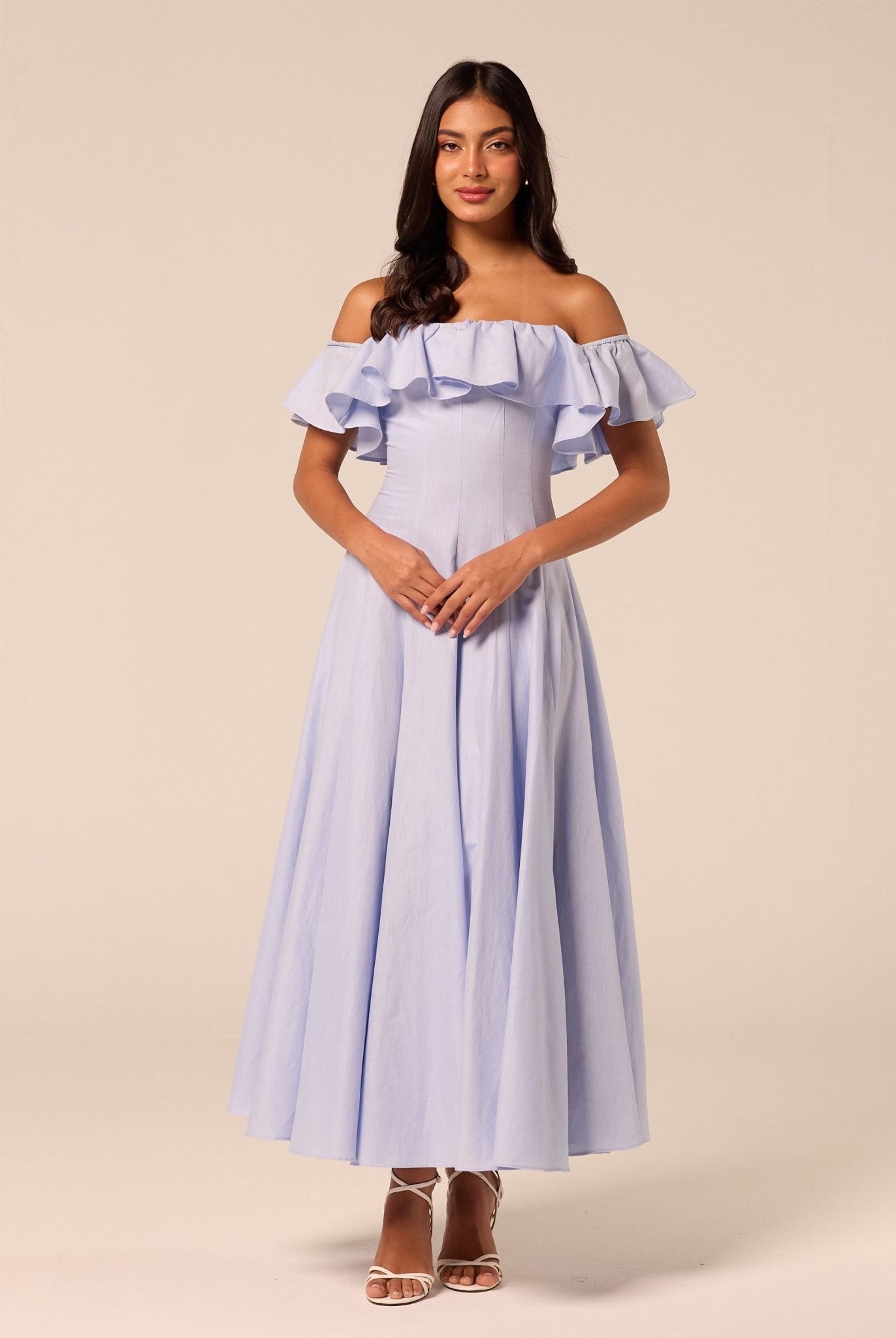 Blue Off Shoulder Ruffle Linen Maxi Dress - shopaleena