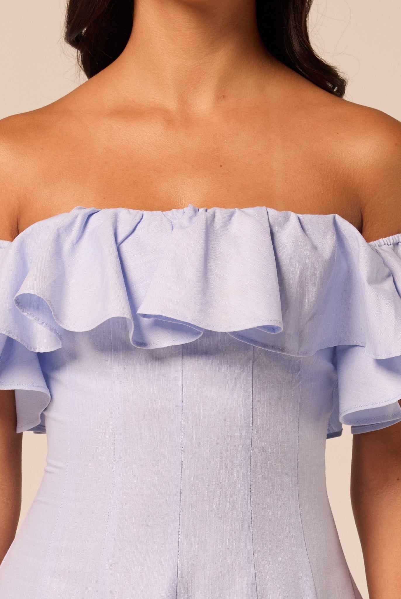 Blue Off Shoulder Ruffle Linen Maxi Dress - shopaleena