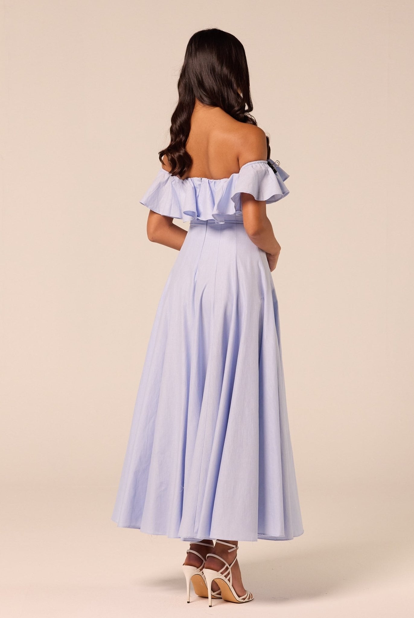 Blue Off Shoulder Ruffle Linen Maxi Dress - shopaleena