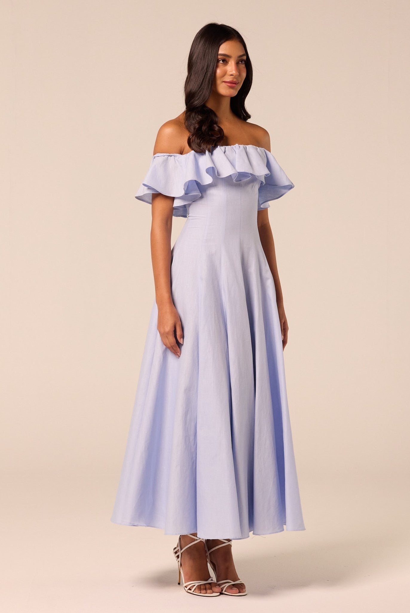 Blue Off Shoulder Ruffle Linen Maxi Dress - shopaleena