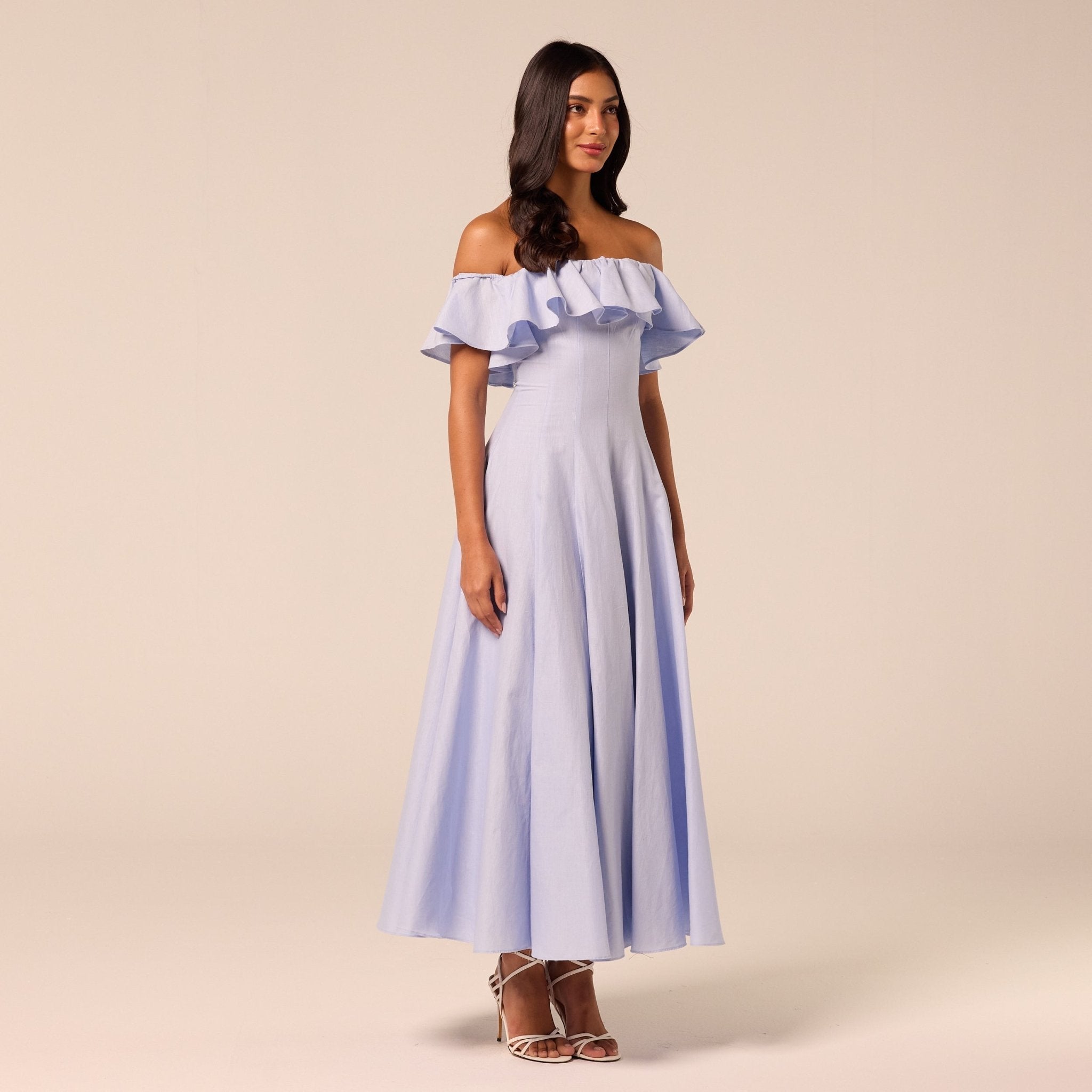Blue Off Shoulder Ruffle Linen Maxi Dress - shopaleena