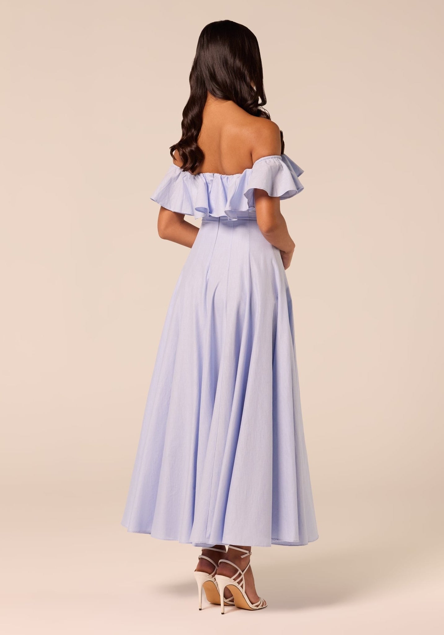 Blue Off Shoulder Ruffle Linen Maxi Dress - shopaleena
