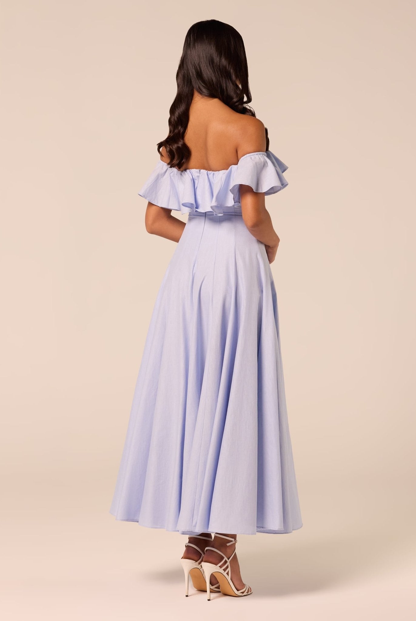 Blue Off Shoulder Ruffle Linen Maxi Dress - shopaleena
