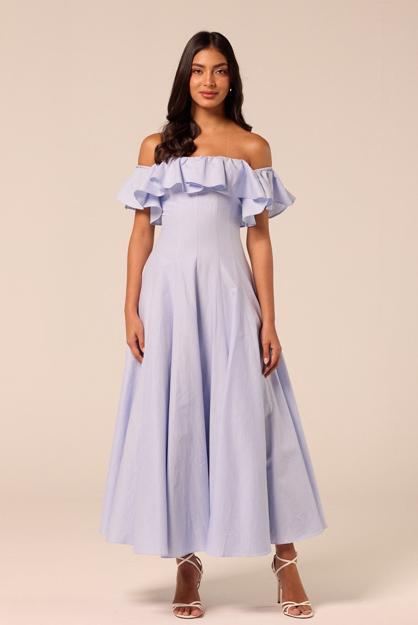 Blue Off Shoulder Ruffle Linen Maxi Dress - shopaleena