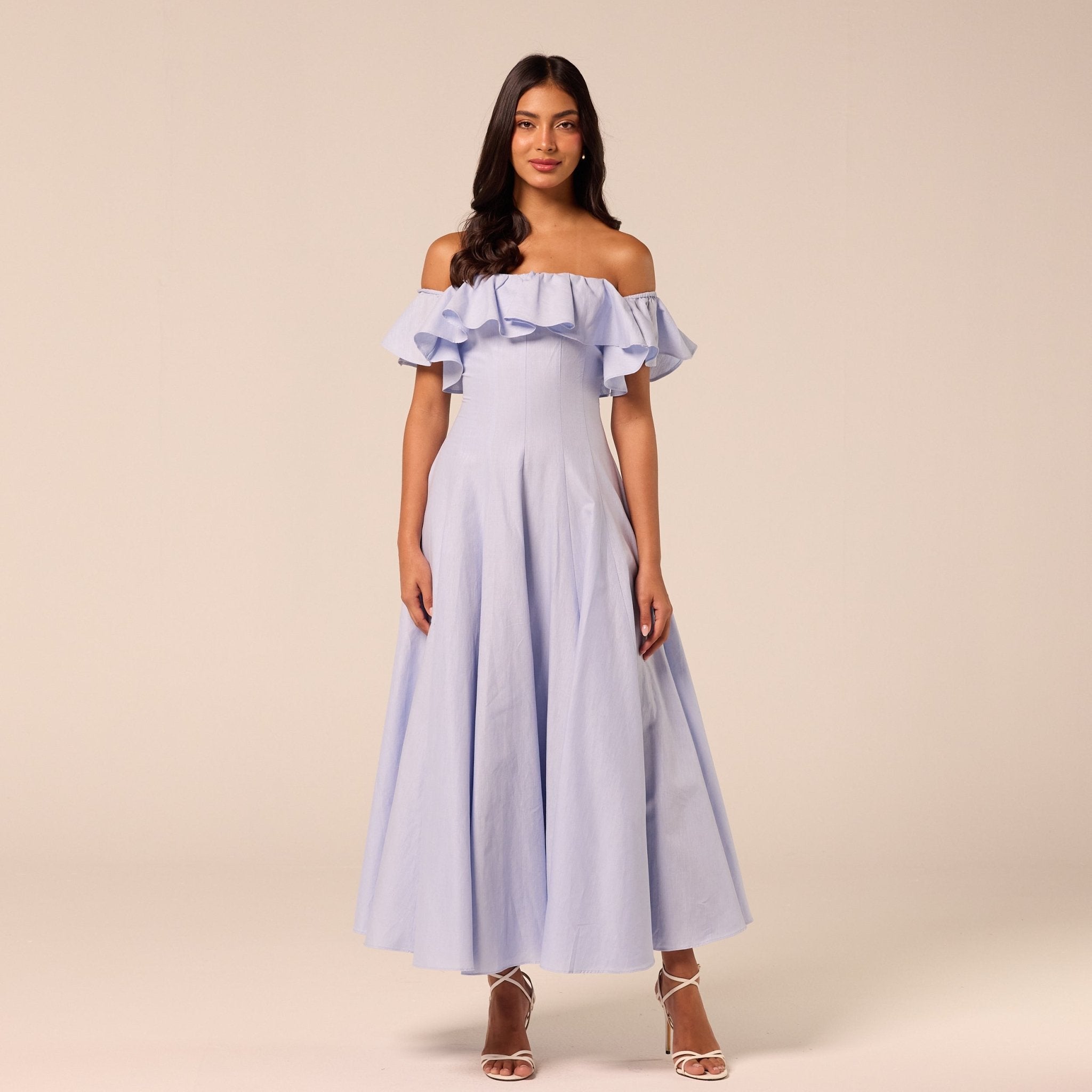 Blue Off Shoulder Ruffle Linen Maxi Dress - shopaleena