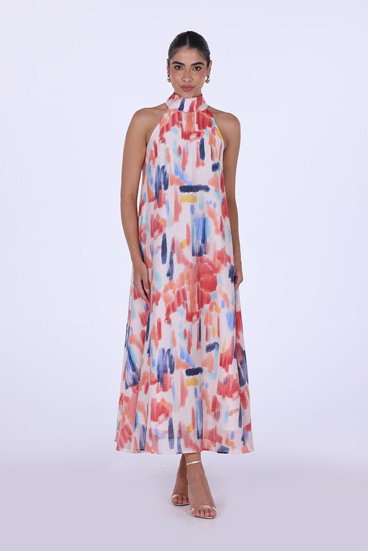 Blue Peach Printed Back Bow Maxi Dress - shopaleena