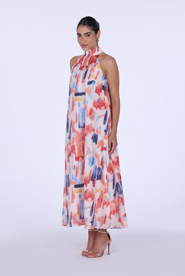 Blue Peach Printed Back Bow Maxi Dress - shopaleena
