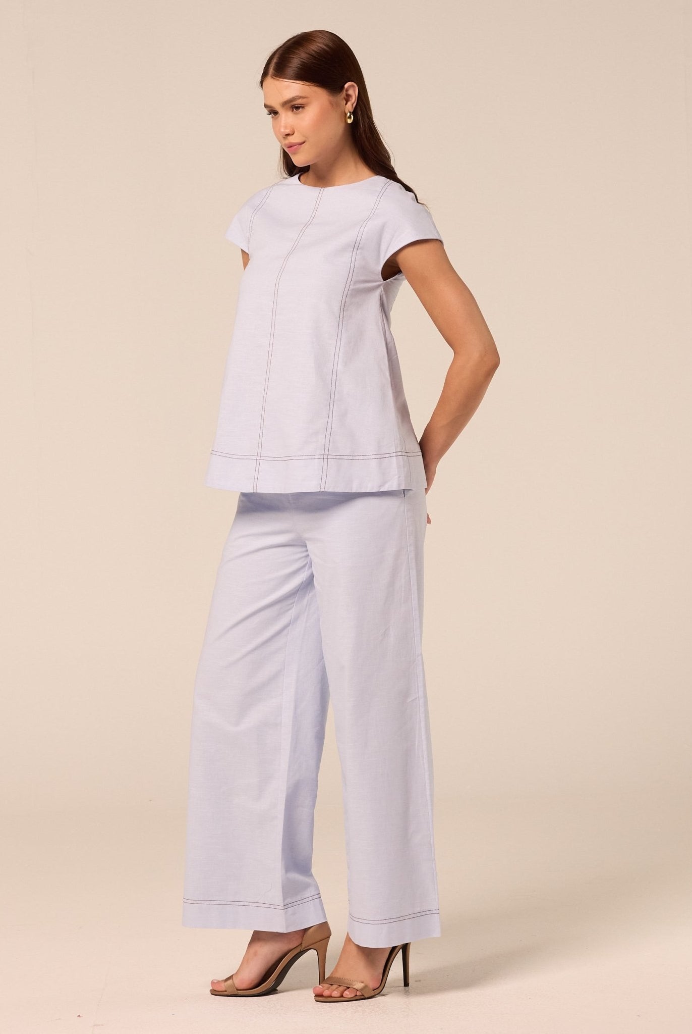 Blue Round Neck Cap Sleeve Top - shopaleena