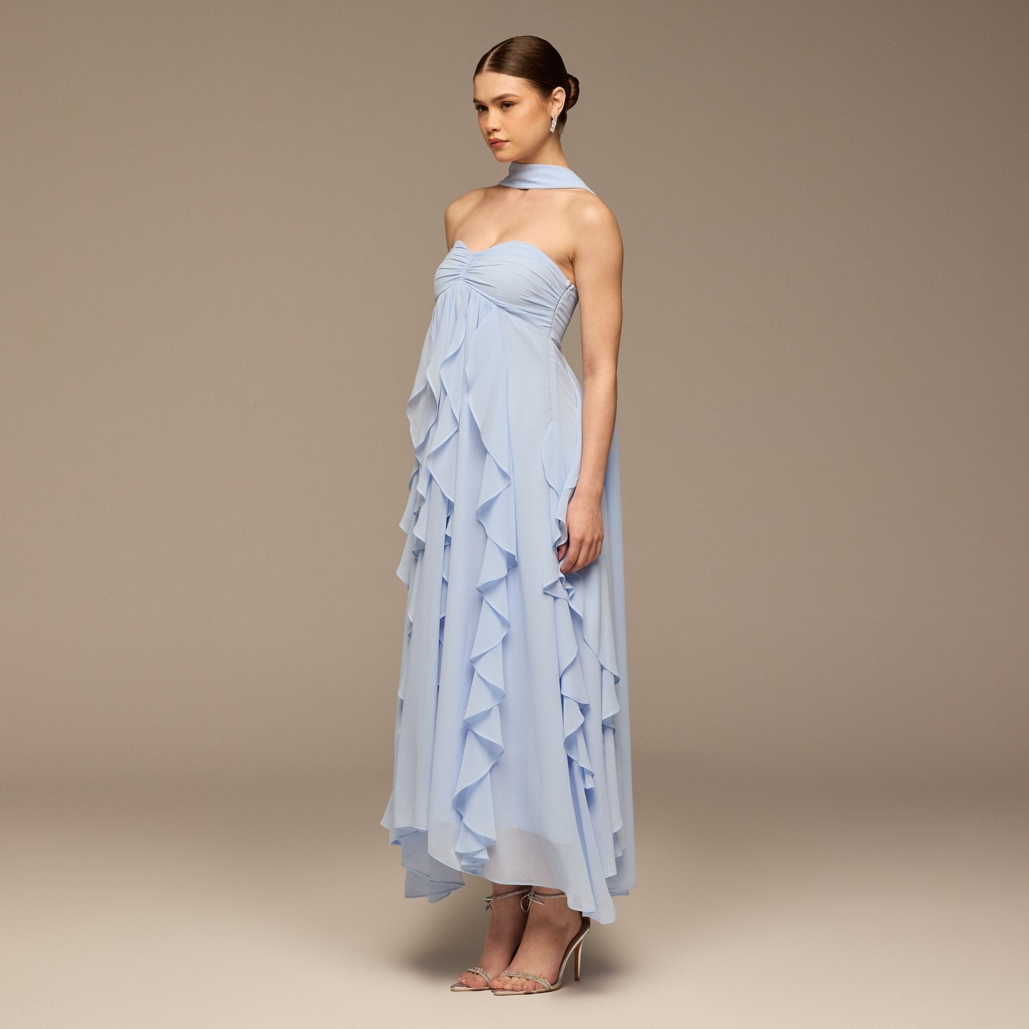 Blue Strapless Ruffle Chiffon Maxi Dress - shopaleena