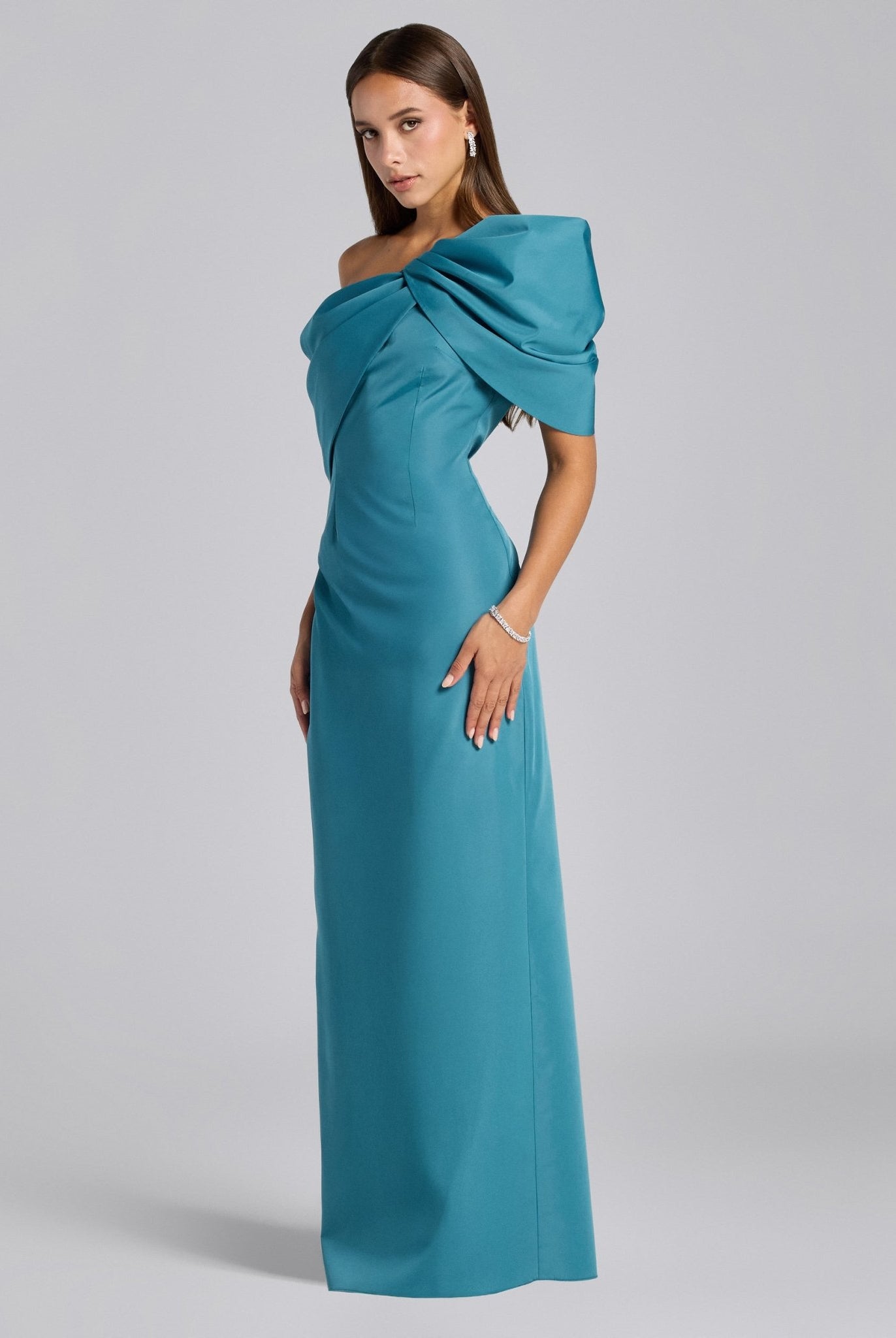Blue Taffeta Off Shoulder Draped Maxi Dress - shopaleena