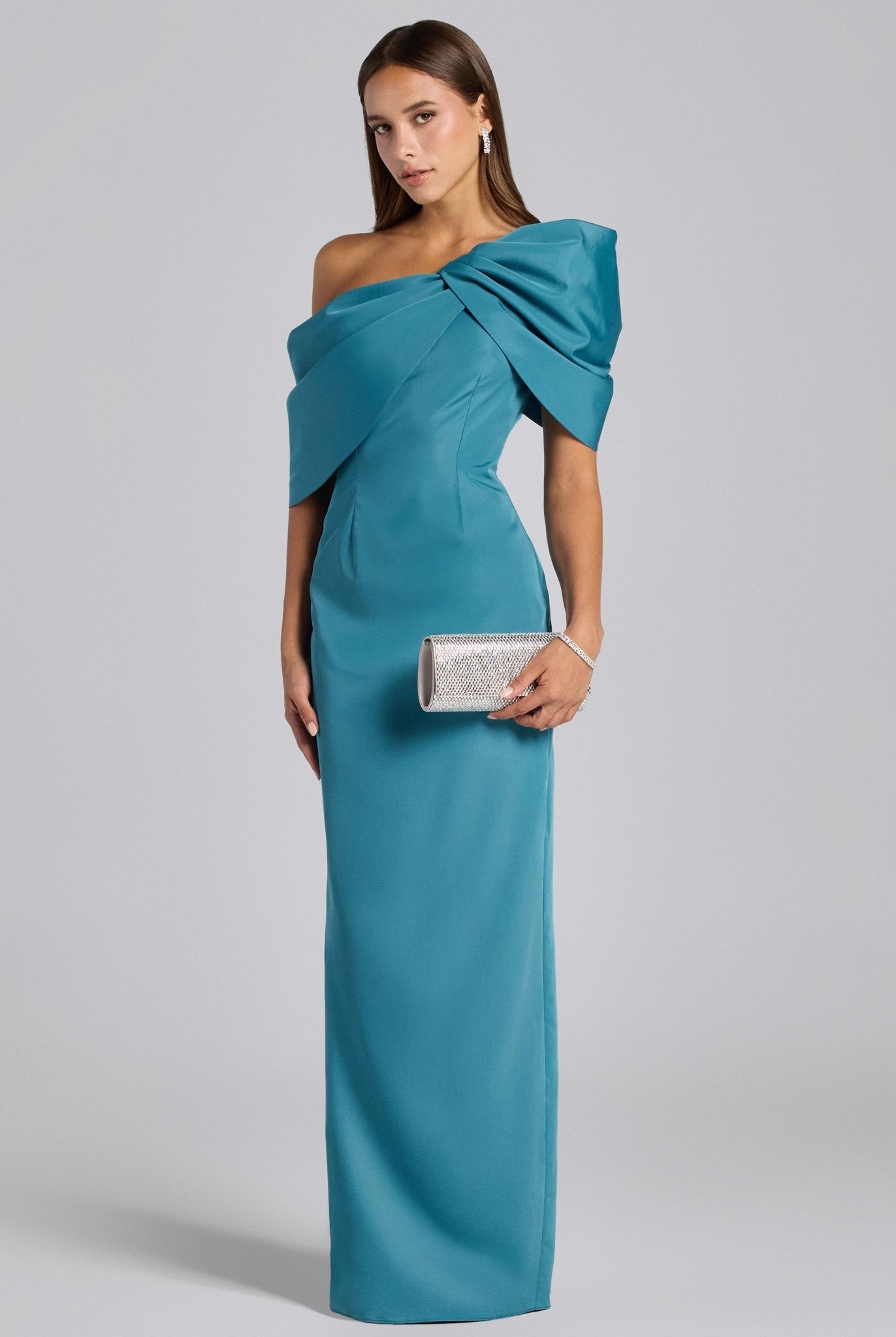 Blue Taffeta Off Shoulder Draped Maxi Dress - shopaleena