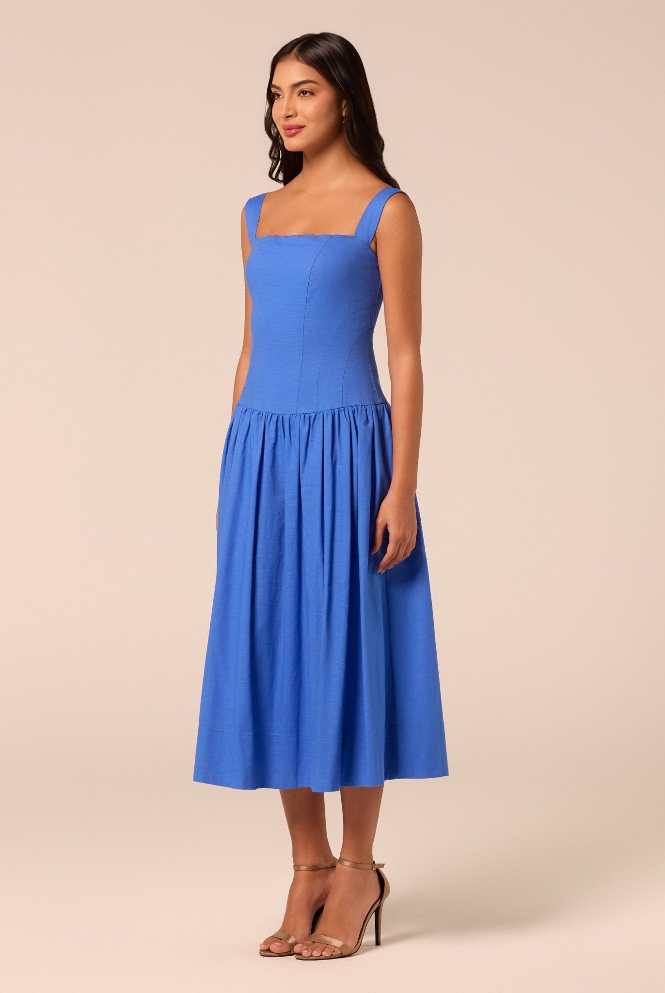 Blue Wide Strap Linen Midi Dress - shopaleena